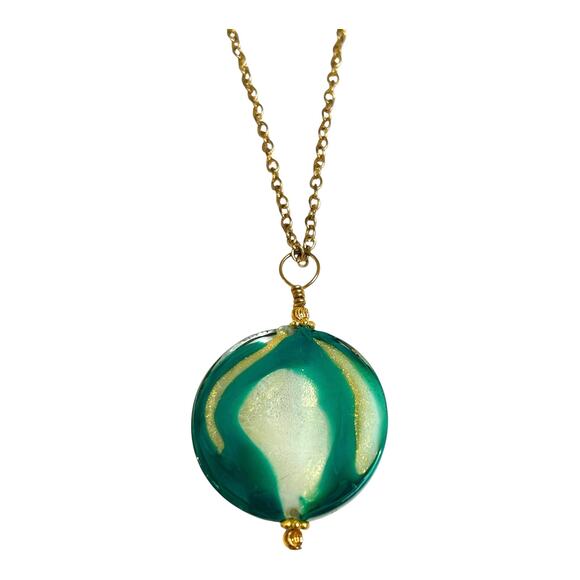 Fused Glass Green White Round Pendant Gold Tone Chain Necklace - Picture 5 of 6